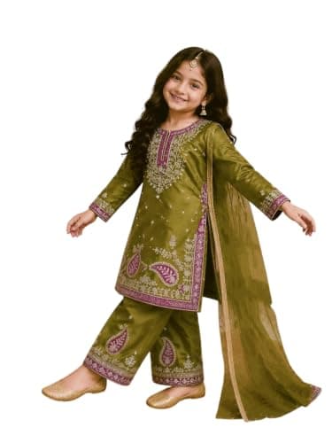 OQQTOO New Girls Embroidered Kurta Palazzo Set with Dupatta, Olive Green (Olive Green, 5-6 years)