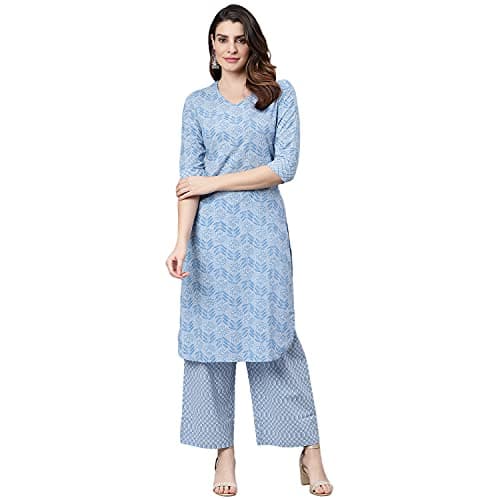 Idalia Sage Blue Printed Straight Kurta with Palazzo - Ladies Cotton Kurta Sets for Women, Designer 3/4th Sleeve, V-neck, Calf Length Kurta Set for Wedding, Fusion Wear