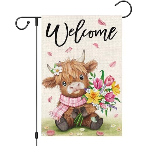 Heyfibro Welcome Spring Summer Highland Cow Garden Flag 12x18 Double Sided Burlap, Flower Bouquet Butterfly Yard Banner for Holiday Farmhouse Yard Outdoor Decor(ONLY FLAG)