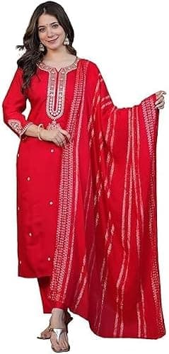 FOXDX Women’s Embroidered Straight Kurta Set | Stylish Ethnic Wear for Office, Festive & Daily Use, Kurti Set (US, Alpha, Large, Regular, Regular, Red)