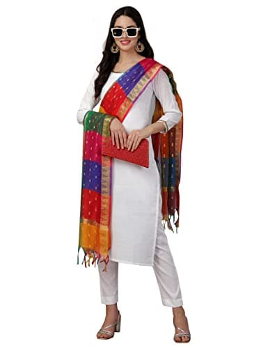 TRENDMALLS Women's Khadi Cotton Embellished Salwar Suit Set Kurta Pant with Dupatta (G109-White-L)