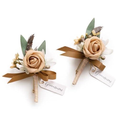 Ling's moment Boutonniere for Men, 2pcs Groom Groomsmen Guest Boutonniere, Artificial Flowers for Wedding/Prom/Homecoming, etc.Sand Beige Dusty Rose