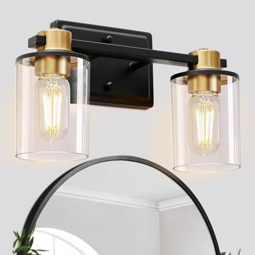 Bathroom Light Fixtures Over Mirror, Gold&Black Vanity Light, Modern Vanity Lights with Clear Glass Shade, Bathroom Light Fixtures with Anti-Rust Metal Frame for Bedroom Washroom Living Room E26 Base