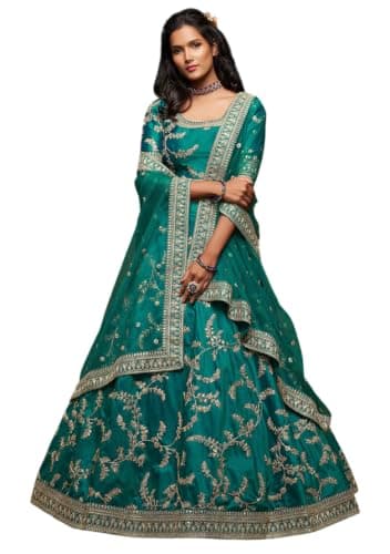 Indya Green Embroidered Silk Blended Lehenga Set for Mehendi | L Size | Half Sleeve | Indian Ethnic Wear | Square Neck