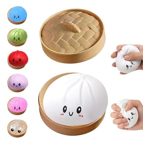 Dumpling Squeeze Toy, Giant Dumpling Glitter, Colorful Steamed Bun Stress Balls Fidget Sensory Toy,Jumbo Squishy Toy with Steamer Box,Soft Squeeze Decompression Dough (White)