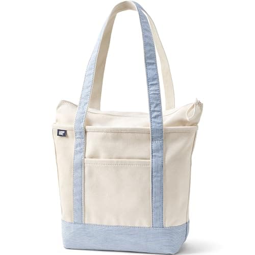 Lands' End Natural Long Handle Zip Top Canvas Tote Natural/blue/white Stripe Medium Long Handle