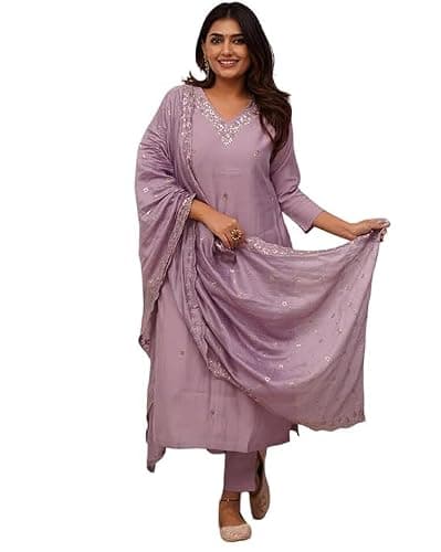 FOXDX Women Cotton Silk Embroidered Kurta Pant with Dupatta Set – Traditional Ethnic Wear for Women (US, Alpha, XX-Large, Regular, Regular, Lavender)
