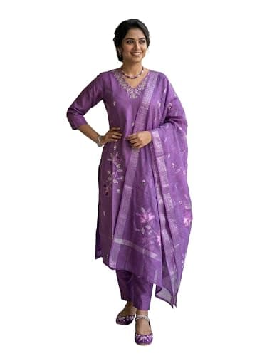 TRENDMALLS Women's Roman Silk Beads Embroidery Sequence Work Kurta Pant with Dupatta (G514-Purple-XXL)