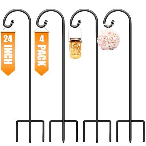 Gtongoko 24 Inch Shepherd Hooks for Outdoor 4 Pack,Garden Hooks for Hanging Plants, Lanterns, Solar Lights, Mason Jars & Wedding Decor, Matte Black Decorative Shepherd’s Hooks