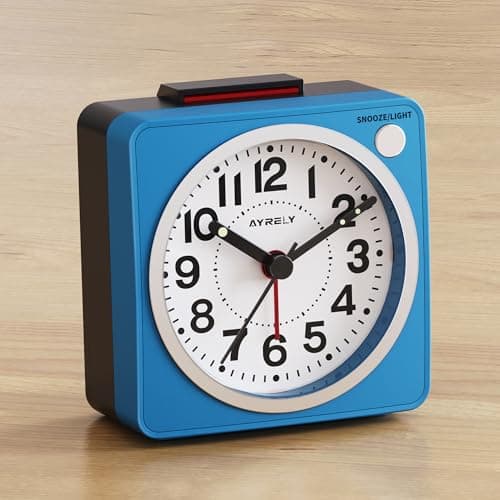 AYRELY® 2.6" × 1.4" Ultra Small Battery Operated Analog Travel Alarm Clock, Silent Non-Ticking with Snooze and Light, Retro Bedside Table Clock for Bedroom, Easy Top Alarm Switch (Blue)
