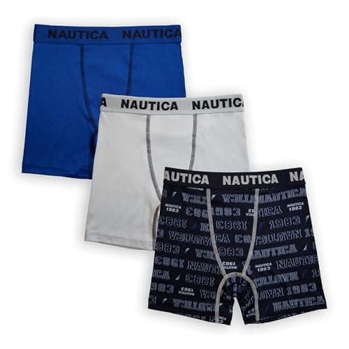 NAUTICA Boys Stretch Performance Boxer Briefs, 3/6 Pack - Breathable Underwear for Boys (6-18) (US, Alpha, X-Large, Regular, NT Navy Logo/Cloudless/Deep Sea Dive)