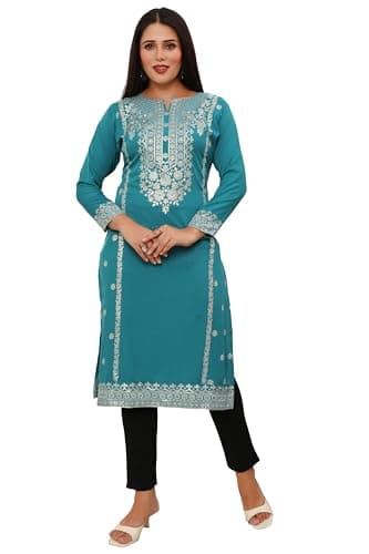 Maple Clothing India Style Printed Kurtis for Women Long Kurta Party Wear (Turquoise, M)