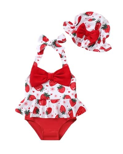 Kucnuzki Baby Girl Bathing Suit One Piece Swimsuit Strawberry Bikini Set Baby Swimsuit 6-12 Months Toddler Girl Swim Bathing Suits with Hat