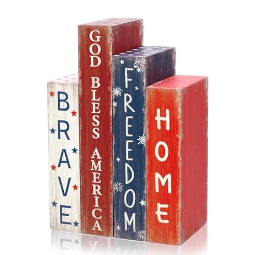 4 Pcs 4th of July Table Decor Rustic Wooden Book Sign Independence Day God Bless America Tiered Tray Decor Freedom Farmhouse Tabletop Sign Centerpieces for Patriotic Home Shelf Decoration