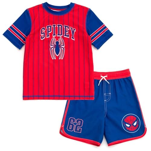 Marvel Spider-Man Toddler Boys UPF 50+ Rash Guard and Swim Trunks Outfit Set Spidey Red/Blue 4T