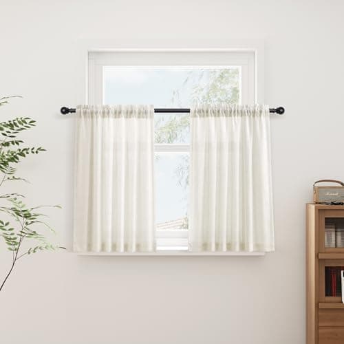 Guken Linen Kitchen Curtains 36 Inches Long for Cafe Natural Cream Semi Sheer Short Curtain Rod Pocket 2 Panels Set Boho Farmhouse Light Filtering Window Drapes for Bathroom RV Beige Ivory 52x36