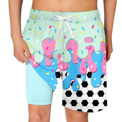 Cozople Boys Swim Trunks Stretchy Compression Liner Swim Shorts Summer UPF Quick Dry Boxer Brief Liner Swimming Shorts Funny Blue Ice Cream Surfing Beach Boardshorts Size 18-20