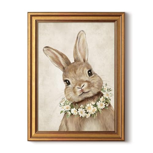 WHASAYART Gold Framed Vintage Wall Art for Living Room, Animals Painting Prints Shelf Decor for Kitchen, Aesthetic Bedroom Wall Art, Easter Gifts for Friends or Family - Garland Rabbit 16L x 12W