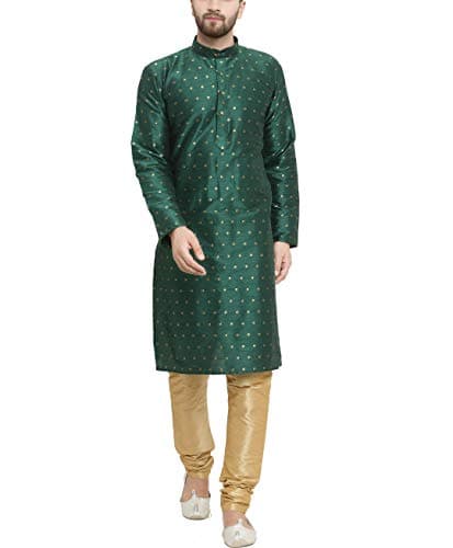 Sojanya (Since 1958 Men'S Silk Blend Dark Green Kurta & Gold Churidar Pyjama Set, Size 38