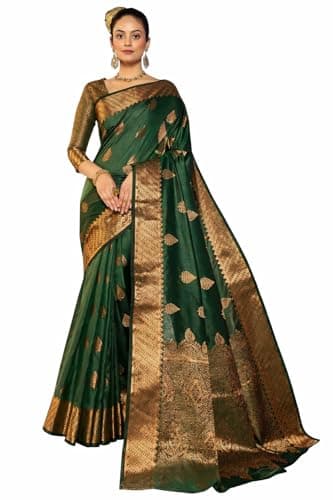 Queen Legacy Women's Kanjivaram Banarasi Silk Saree With Unstitched Blouse Piece 0.80 Meter