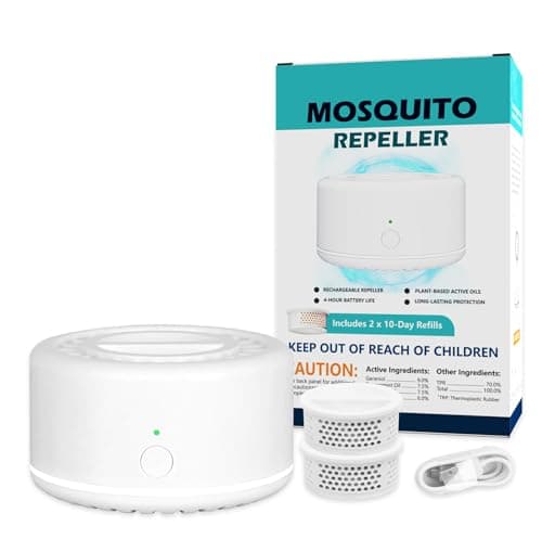 Rechargeable Mosquito Repeller with Night Light, Plant-Based Refill, 30ft Protection Zone, USB-C Powered, Indoor Outdoor Use for Camping, Patio, Travel (2 Refills)