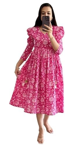 IMTRA FASHION Women Floral Print Cotton Long Kurti for Regular Flared Kurta Tunic Dress