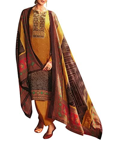 ladyline Pure Cotton Elegant Embroidery Salwar Kameez with Bandhani Printed Cotton Dupatta (XXL/Mustard/46)
