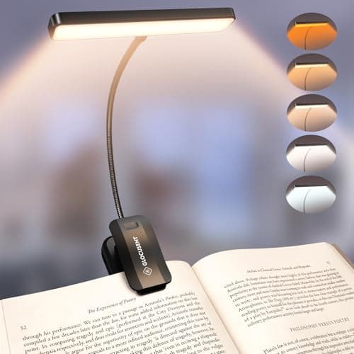 Glocusent 26 LED Rechargeable Book Light for Reading in Bed, Eye-Caring 5 Amber Colors and Stepless Dimming, Lasts 1 Week to a Months, Travel Clip on Lamp Gifts for Book Lovers, Men, Women & Kids