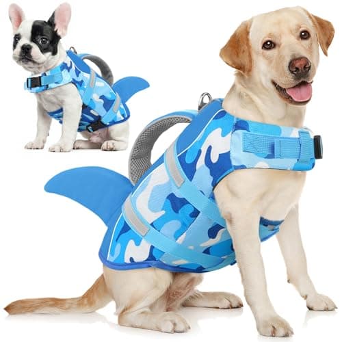 AOFITEE Dog Life Jacket Large, Shark Dog Life Vest for Swimming Boating, High Flotation Reflective Dogs Swimming Vest Lifesaver with Rescue Handle, Pet Swimsuit for Small Medium Large Dogs, L