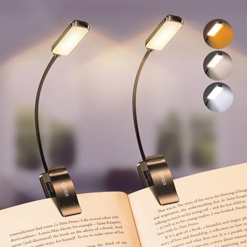 Gritin 2 Pack 9 LED Rechargeable Book Light for Reading in Bed -Eye Caring 3 Color Temperatures, Stepless Dimming Brightness, Small Lightweight Clip On Book Reading Light for Studying
