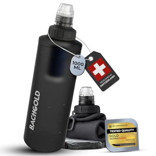 Portable Water Filter for Camping – Bachgold Squeeze Foldable Bottle | Ultralight Backpacking Filtration for Hiking, Survival & Emergency | Dual-Stage Filtration, Swiss Design (Gray, 33.8 Oz)