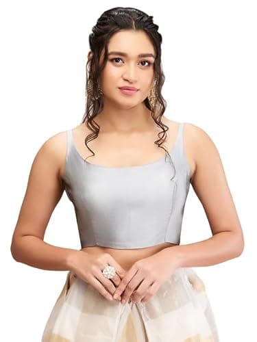 Satin Silk Solid Saree Blouse Top Round Neck Sleeveless Hook and Eye Closure Backless Choli Sari Grey