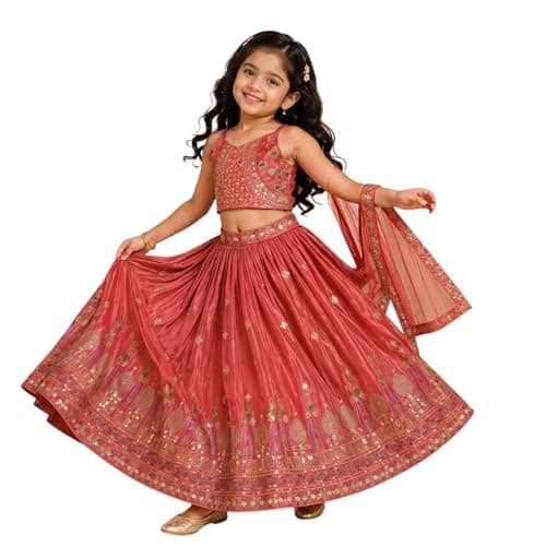 Krinza Girls Kids Lehenga Choli Set, Red, Embroidered Crop Top with Flared Skirt and Dupatta, Festive Ethnic Wear (Rose-Red, 5-YEAR)