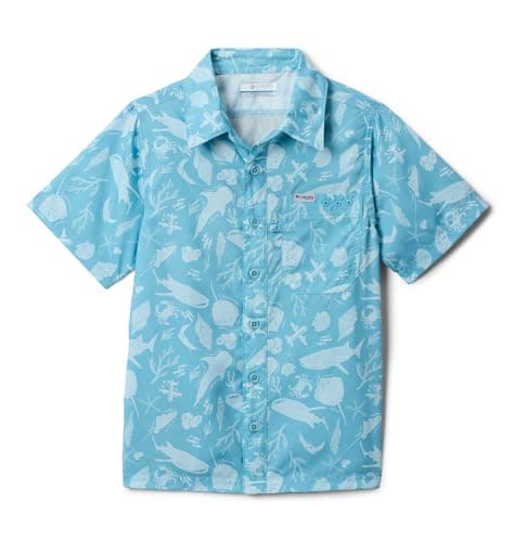 Columbia Youth Boys PFG Super Slack Tide Short Sleeve Camp Shirt, Vintage Blue Undersea, Large