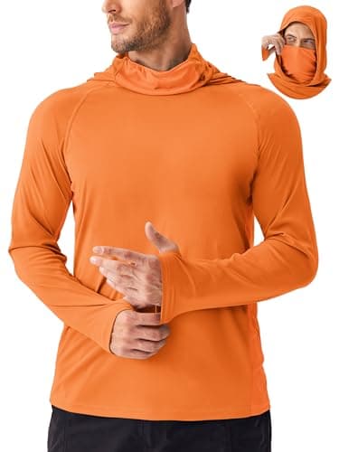 PINSPARK Sun Hoodie Mens UV SPF UPF 50+ Protection Shirts with Mask Quick Dry Lightweight Long Sleeve Rash Guard Fishing Hiking L Orange