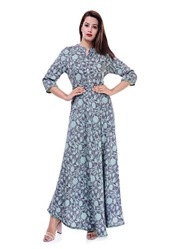 Ramkudi Indian Women's Printed Cotton Long Dress Kurta - Blue & Grey