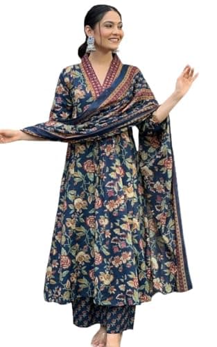 ISHKRATI Women's Floral Printed Rayon Anarkali Suit Set with Dupatta & Pants – Elegant Ethnic & Festive Wear (US, Alpha, 6X-Large, Regular, Regular, Blue)