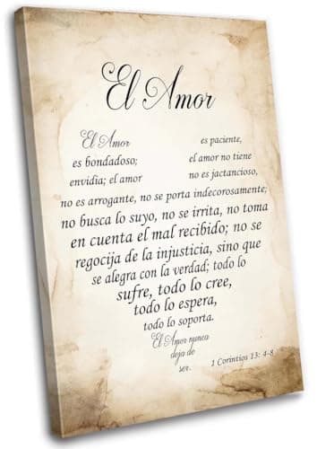 Liuannx 1 Corinthians 13 4-8 In Spanish Quote Wall Art Bible Verse Posters Art Decoration Picture for Hallway Vertical Canvas Living Room (12.00''x18.00'',Framed)