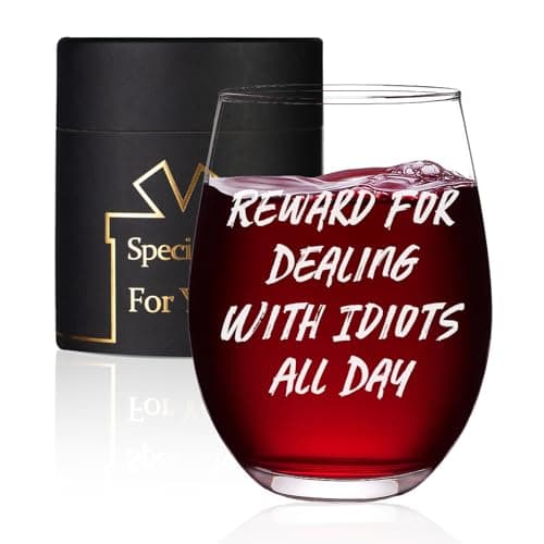 Jmugmt Reward For Dealing With Idiots All Day Wine Glass, Funny Gifts for Women Coworker Friend Wife Boss Him Christmas Bosses Day Birthday, 16 OZ Wine Glass with Gift Box