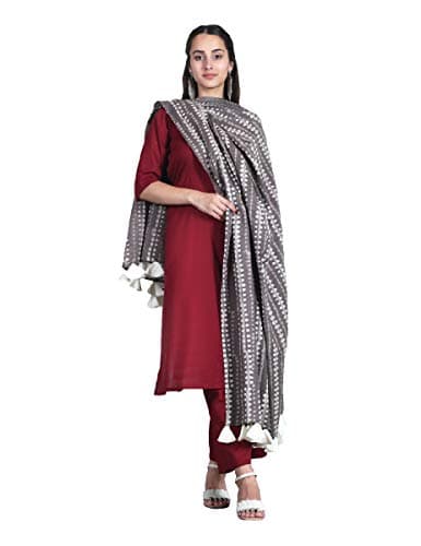 Rustorange Women's Viscose Straight Maroon Salwar Kurta Set With Grey Dupatta (XL, Maroon)