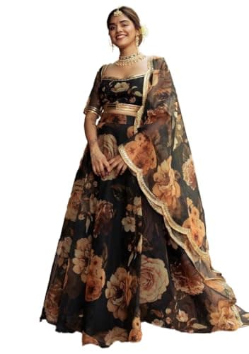 Indya Women's Black Organza Floral Print Lehenga Set with Sweetheart Neck and Sleeveless Choli