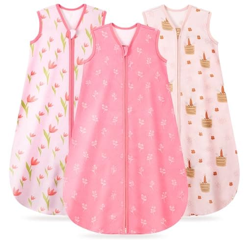 TURMEWU 3 Pack Baby Sleep Sack 0-6 Months 100% Organic Cotton, 0.5 TOG Lightweight Wearable Blanket, 2-Way Zipper Sleeping Bag, Pink
