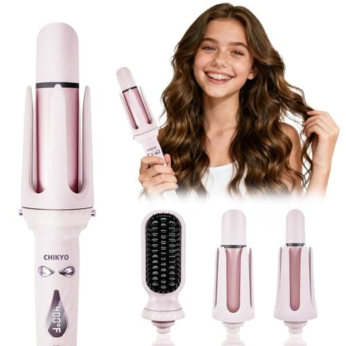 CHIKYO 3 in 1 Multifunctional Hot Tool, Automatic Curling Irons with 2 Ceramic Barrel(1", 1.25") & Hair Straightener Brush, Hair Curler & Straightening Comb, Colored Pink