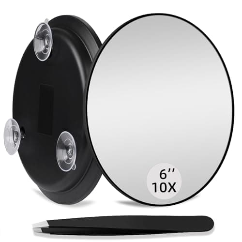 JJhxr 10X Makeup Magnifying Mirror, Round 6inch Travel Magnified Mirror with 3 Suction Cups Mounting, 10X Handheld Travel Magnification and Tweezers Kit, Use for Blackhead/Blemish Removal