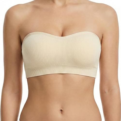 Zimcti Strapless Bras for Women-Non Slip Silicone Grip Bandeau, Wirefree Seamless Tube Top, Removable Pads, Clear Straps Beige M