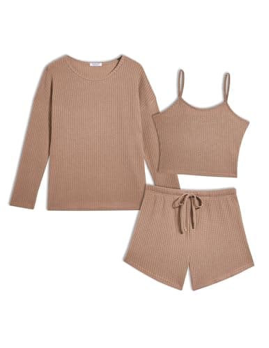 Ekouaer 3 Piece Waffle Knit Lounge Set for Women, Long Sleeve and Cami Top with Shorts Pajama Sets for All Seasons Khaki X-Large