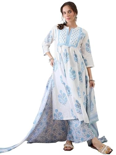 Women’s Pure Cotton Kurta Palazzo Set with Dupatta, 3 Piece Printed A-Line Kurta, 3/4 Sleeve Ethnic Outfit (US, Alpha, XX-Large, Regular, Regular, White 2)