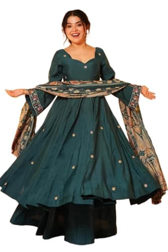 The Red Lion Enterprise Women’s Designer partywear Teal Embroidered Flared Anarkali Kurti Set with Printed Silk Crepe Dupatta (US, Alpha, Medium, Regular, Regular, Teal)