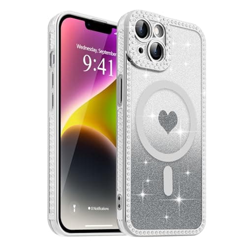 Urarssa Magnetic for iPhone 13 Case Glitter for Women Girls, Cute Love Heart Luxury Diamond Rhinestones Cover, Compatible with MagSafe Non-Yellowing Case for iPhone 13, Silver
