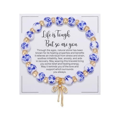 Blue and White Porcelain Beads Bracelet for Women, Get Well Soon Gift, Gold Bow Charm Stretch Bracelet W/ Life is Tough Card, Blue Flower Vintage Bracelet Gifts for Tought Times, Stress Relief